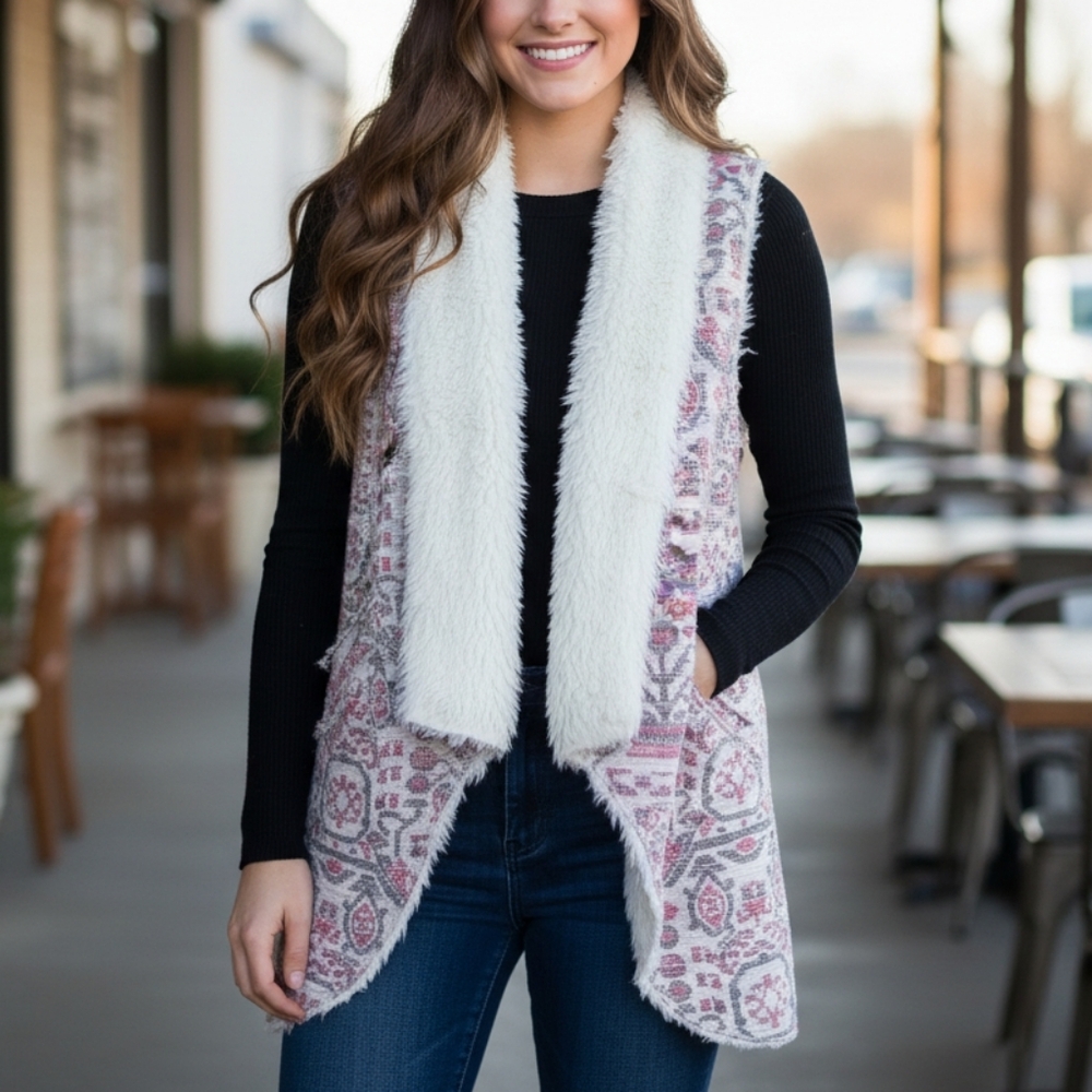 Anthropologie Hei Hei Aztec Faux Sherpa Vest M/L Cream Pink